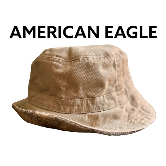 American Eagle plaid & khaki reversible bucket hat for men or women. Tan/Cream - Picture 5 of 8
